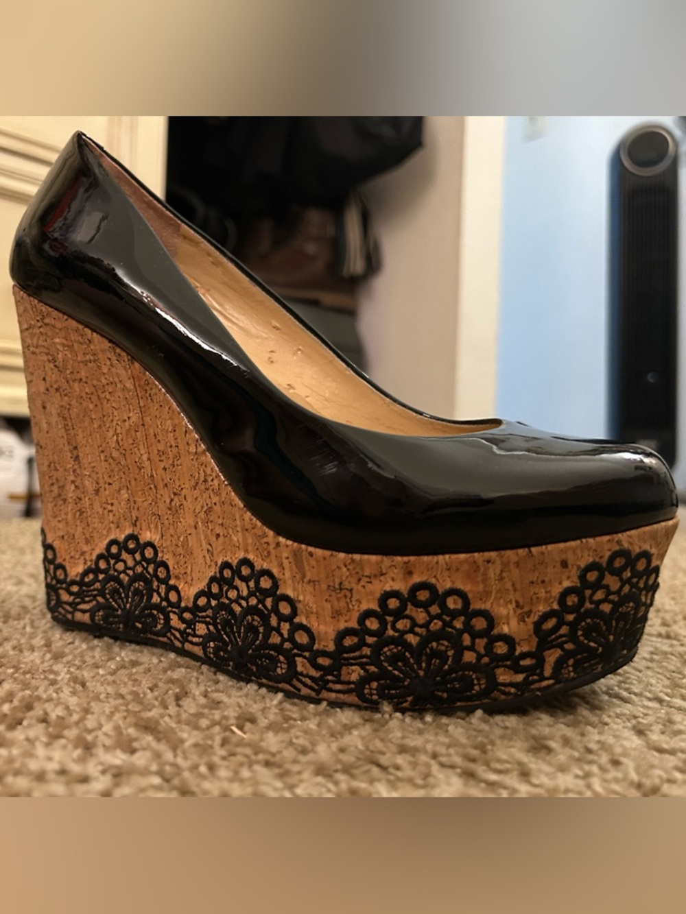 Gianni Bini Black Patent Cork Lace-Trim Wedge Pumps